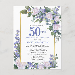 Invitation Carte Postale Blue White Gold Floral 50e fête d'anniversaire