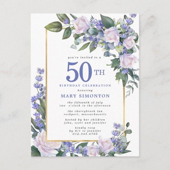 Invitation Carte Postale Blue White Gold Floral 50e fête d'anniversaire (Devant)