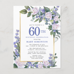 Invitation Carte Postale Blue White Gold Floral 60e fête d'anniversaire