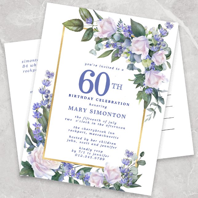 Invitation Carte Postale Blue White Gold Floral 60e fête d'anniversaire (Créateur téléchargé)