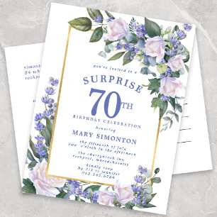Invitation Carte Postale Blue White Gold Floral 70e Anniversaire surprise