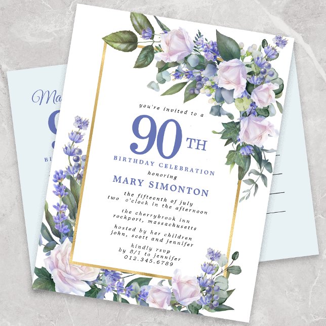 Invitation Carte Postale Blue White Gold Floral 90e fête d'anniversaire (Créateur téléchargé)