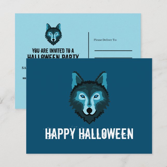 Invitation Carte Postale Blue Wolf, fête d'Halloween (Devant / Derrière)