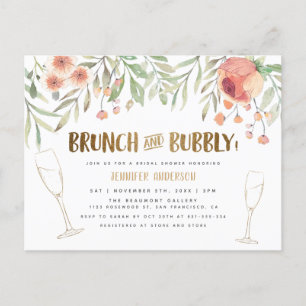 Invitation Carte Postale Blush Floral & Gold Brunch & Fête des mariées Bubb