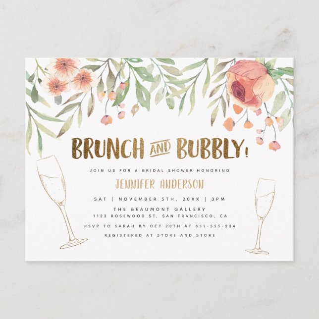 Invitation Carte Postale Blush Floral & Gold Brunch & Fête des mariées Bubb (Devant)