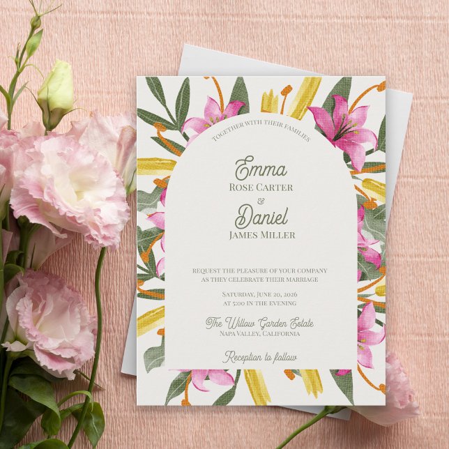 Invitation Carte Postale Blush Lily Arched Botanical Floral Wedding (Blush Lily Arched Wedding Invitation | Elegant Botanical Arch Floral Wedding Invite)