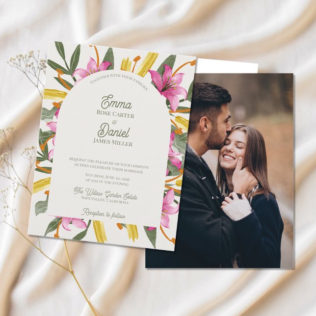 Invitation Carte Postale Blush Lily Arched Botanical Photo Wedding (Blush Lily Arched Botanical Photo Wedding Invitation Postcard | Romantic Floral Garden Invite)