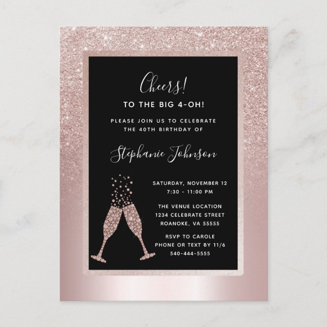 Invitation Carte Postale Blush Parties scintillant Ombre 40e fête d'anniver (Devant)