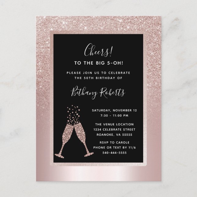 Invitation Carte Postale Blush Parties scintillant Ombre 50e anniversaire (Devant)