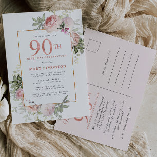 Invitation Carte Postale Blush Pink Gold Floral 90e fête d'anniversaire