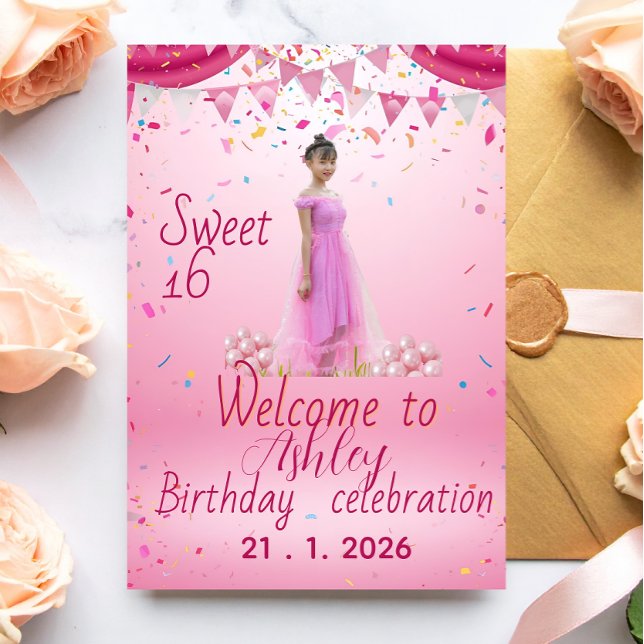 Invitation Carte Postale Blush Pink Sweet Sixteen Welcome Sign, Photo  (Créateur téléchargé)