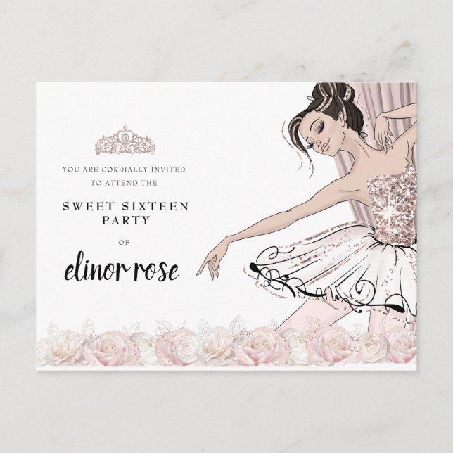 Invitation Carte Postale Blush rose Ballerina Sweet 16 Party (Devant)