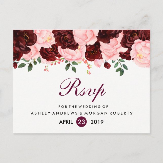 Invitation Carte Postale Blush rose Bourgogne Fleurs mariage RSVP (Devant)