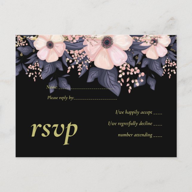 Invitation Carte Postale Blush Rose Dusty Bleu Noir Mariage Budget Floral (Devant)