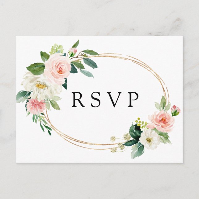 Invitation Carte Postale Blush White Bloom Gold Frame Floral Wedding RSVP (Devant)