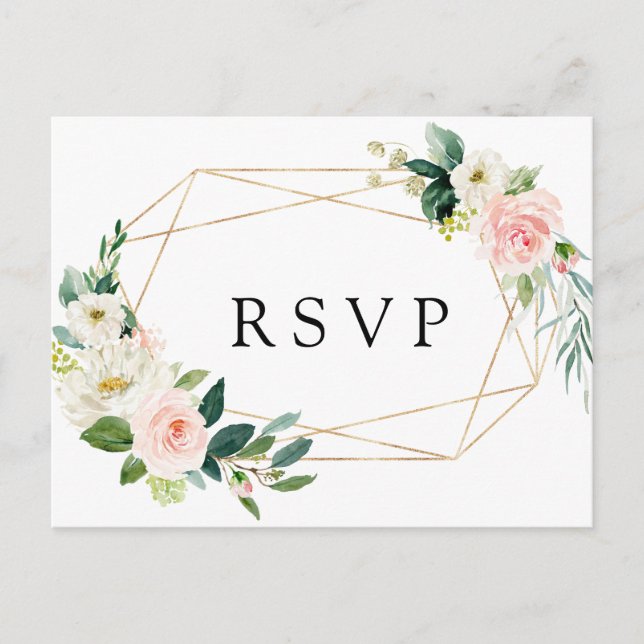 Invitation Carte Postale Blush White Bloom Gold Frame Floral Wedding RSVP (Devant)