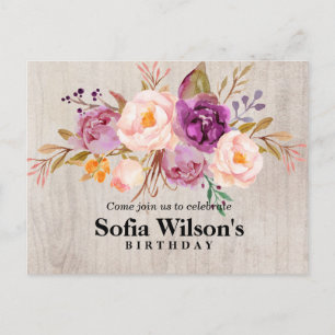 Invitation Carte Postale bohème, pivoine, anniversaire