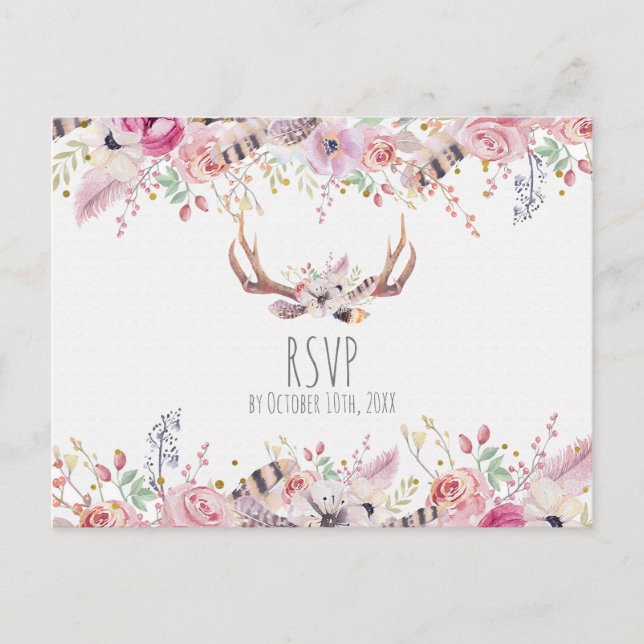 Invitation Carte Postale Boho Chic Fleurs Cerf Antlers Mariage rustique RSV (Devant)