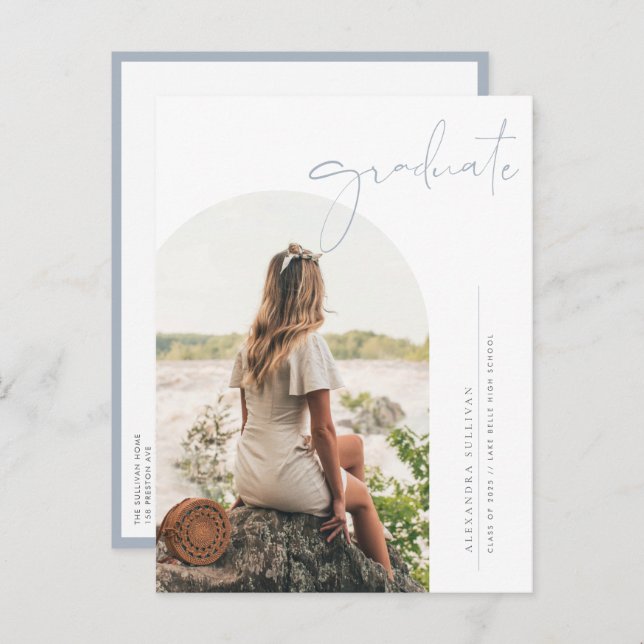 Invitation Carte Postale Boho Dusty Blue Minimalist Arch Photo Graduation (Devant / Derrière)