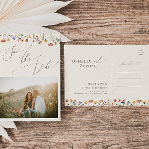Invitation Carte Postale Boho Fleur sauvage Beige Photo Enregistrer La Date