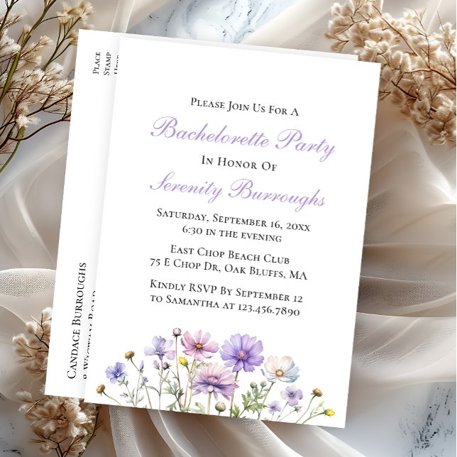 Invitation Carte Postale Boho Fleurs sauvages violet Floral Bachelorette Pa (Créateur téléchargé)