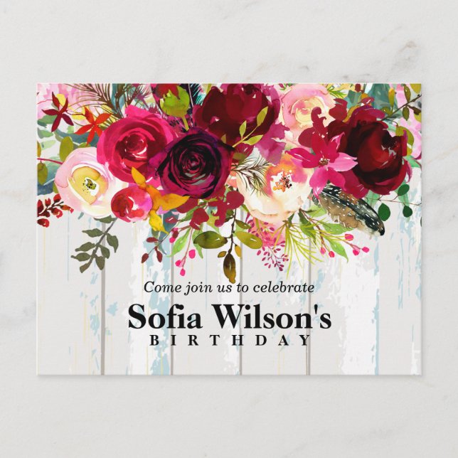 Invitation Carte Postale boho floral, fleur anniversaire (Devant)