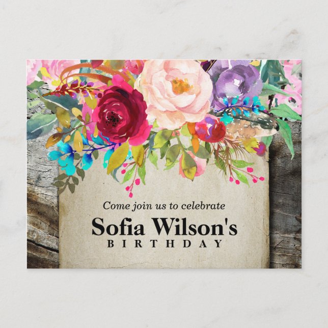 Invitation Carte Postale boho floral, fleur anniversaire (Devant)