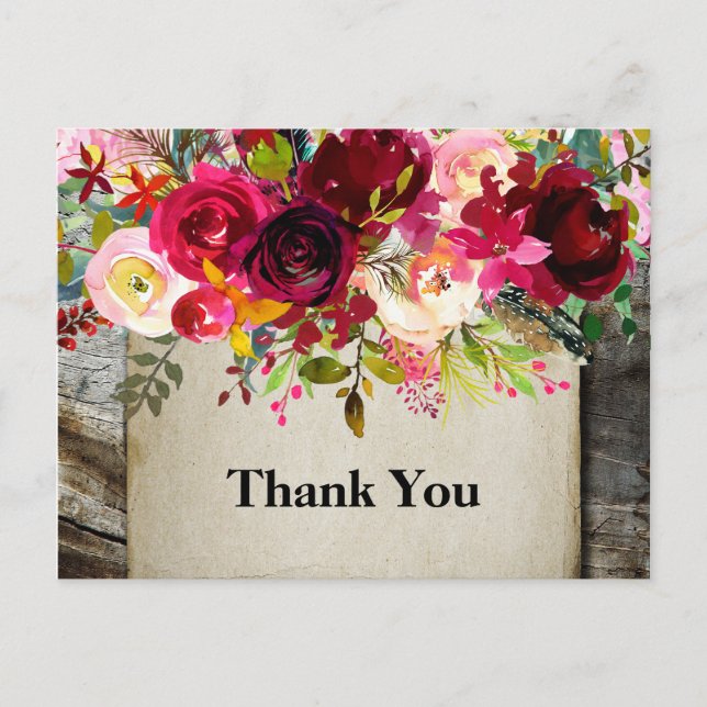 Invitation Carte Postale boho floral, fleur anniversaire merci (Devant)