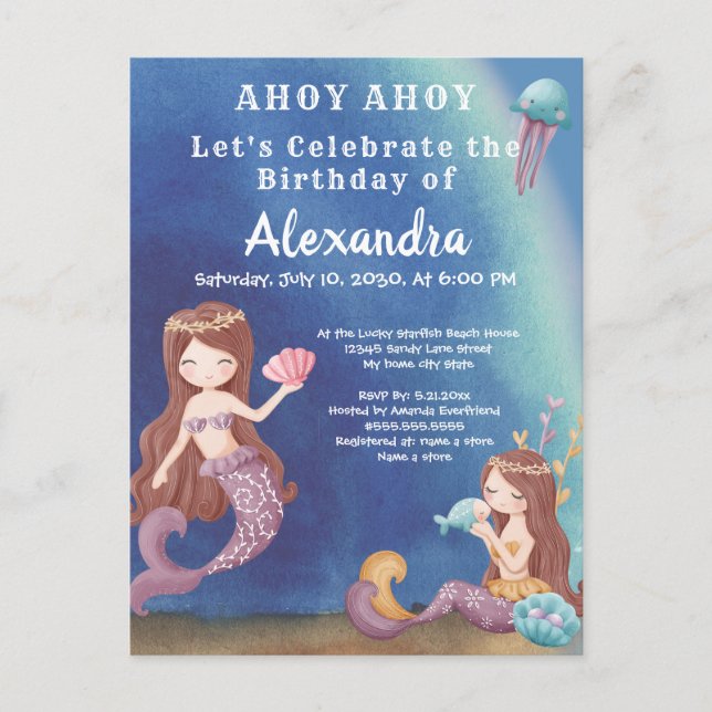 Invitation Carte Postale Boho Mermaid, sous la fête d'anniversaire de la me (Devant)