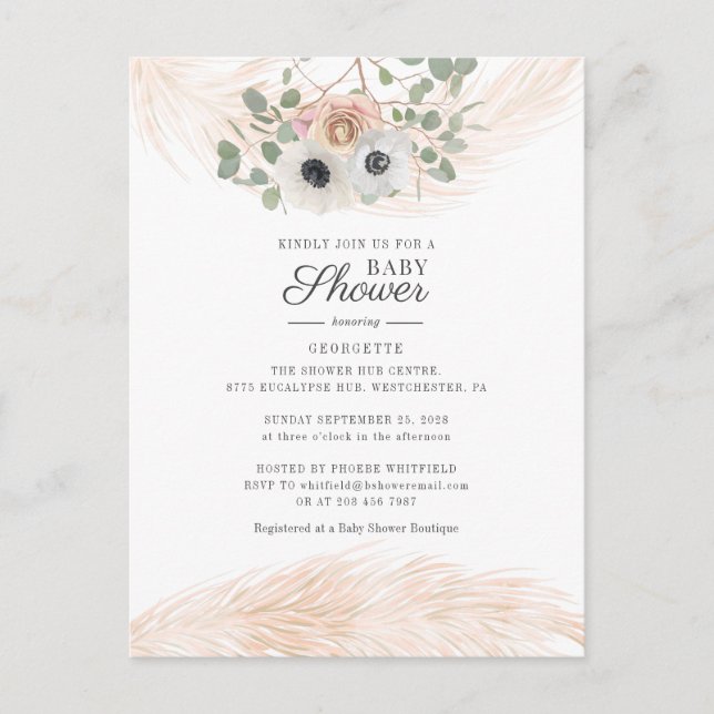 Invitation Carte Postale Boho Pampas Baby shower Floral Grass (Devant)