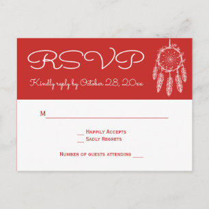 Invitation Carte Postale Boho Red RSVP Native American Dreamcatcher Mariage