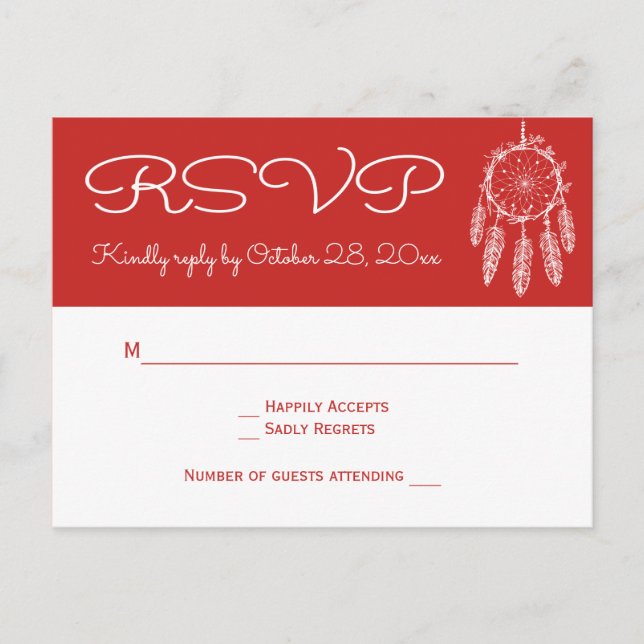 Invitation Carte Postale Boho Red RSVP Native American Dreamcatcher Mariage (Devant)