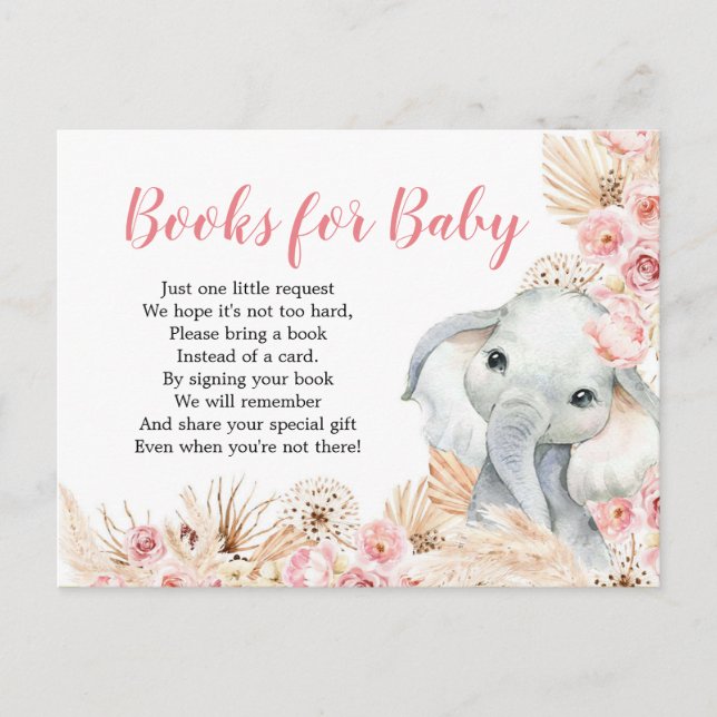 Invitation Carte Postale Boho rose Elephant Girl Baby shower Livres pour bé (Devant)