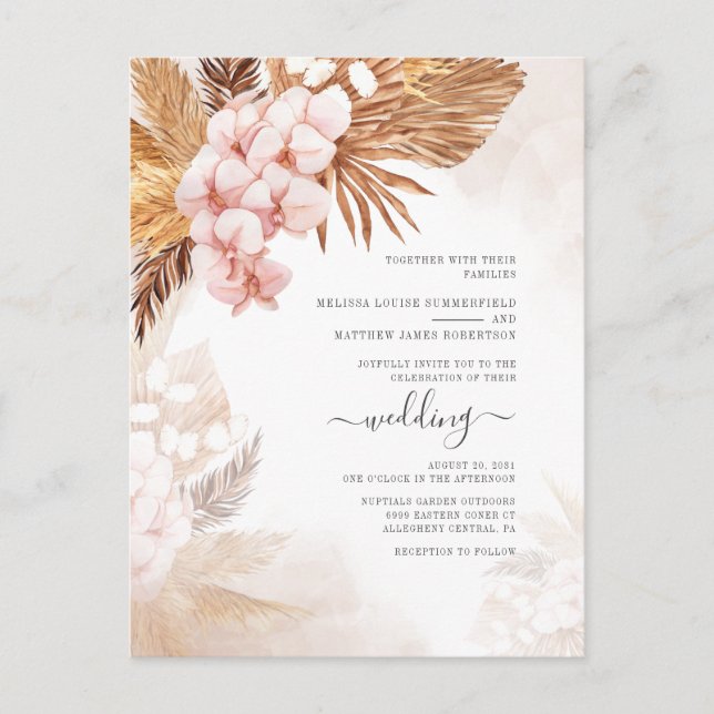 Invitation Carte Postale Boho séché Palms Pampas Grass Mariage en terre cui (Devant)
