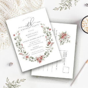 Invitation Carte Postale Boho Winter Greenery Red Floral 18e anniversaire