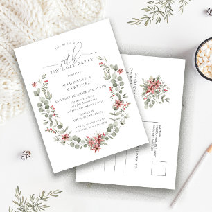 Invitation Carte Postale Boho Winter Greenery Red Floral 70e anniversaire