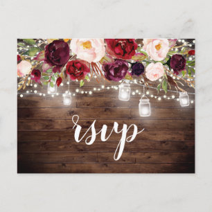 Invitation Carte Postale Bois Bourgogne Floral Mason Jar Lumières RSVP