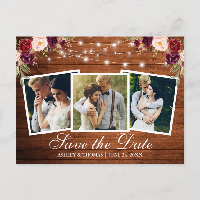 Invitation Carte Postale Bois Rustique Bourgogne Floral 3 Photo Enregistrer (Devant)