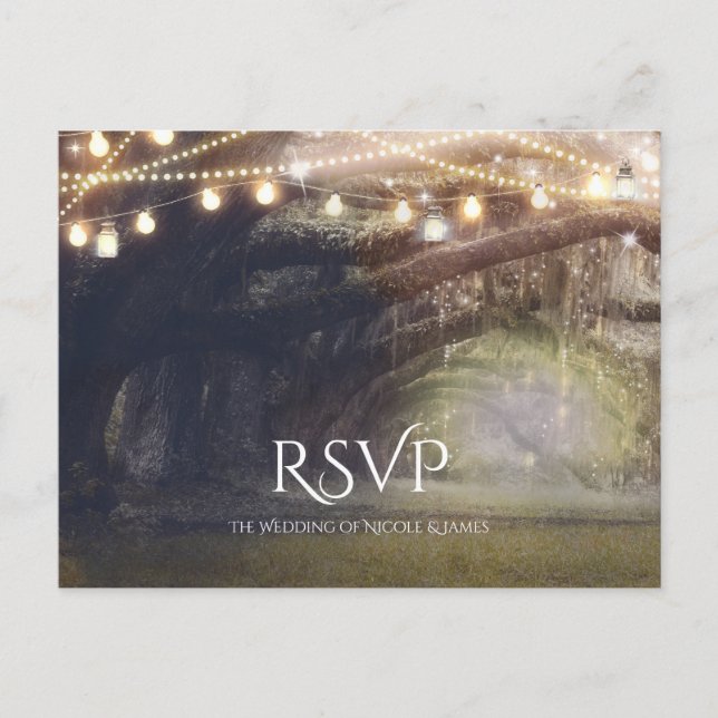 Invitation Carte Postale Bois rustique Enchanted Lumières Forêt Mariage RSV (Devant)