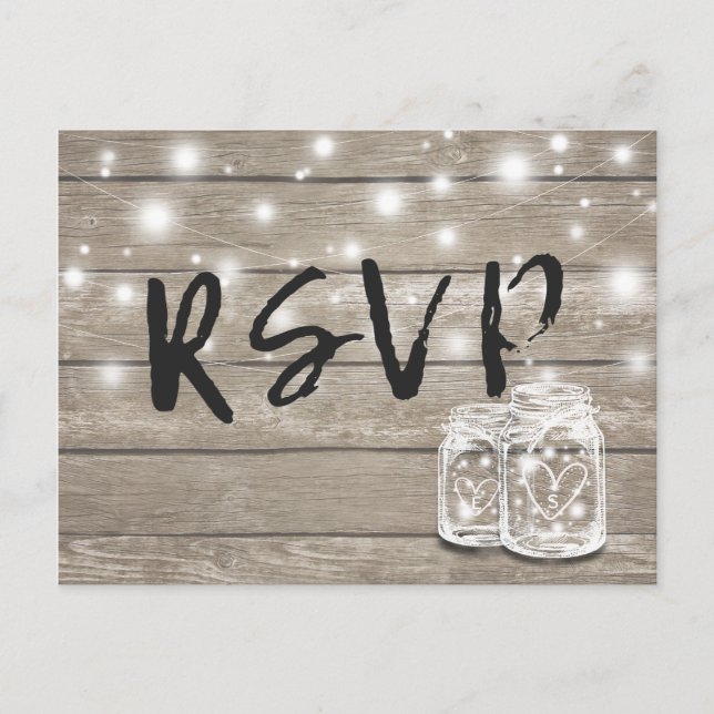 Invitation Carte Postale Bois rustique & Mason Jar String Lumières Mariage  (Devant)