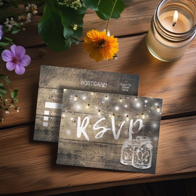 Invitation Carte Postale Bois rustique & Mason Jar String Lumières Mariage  (Créateur téléchargé)