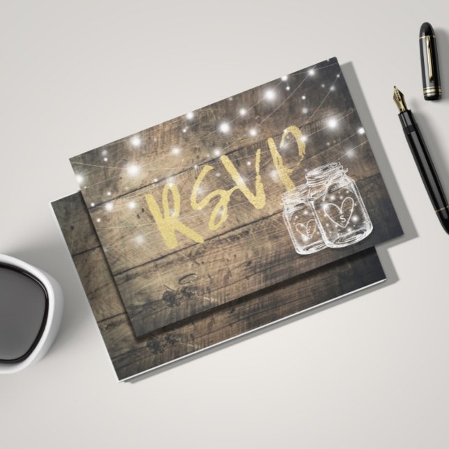 Invitation Carte Postale Bois rustique & Mason Jar String Lumières Mariage  (Créateur téléchargé)