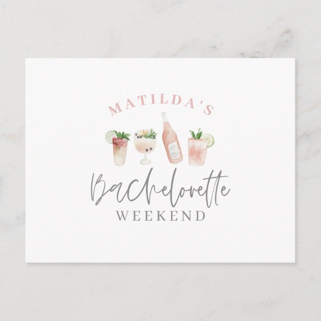 Invitation Carte Postale boissons peintes à l'aquarelle week-end bacheloret (Devant)