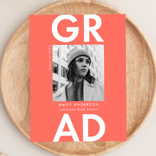 Invitation Carte Postale Bold Grad Coral Photo Party Graduation