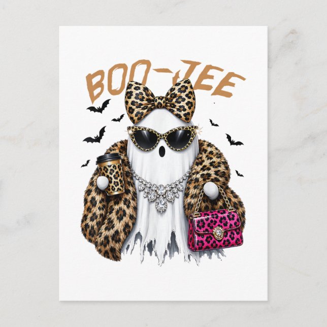 Invitation Carte Postale Boo-JEE Fantôme Léopard Coquette Halloween (Devant)