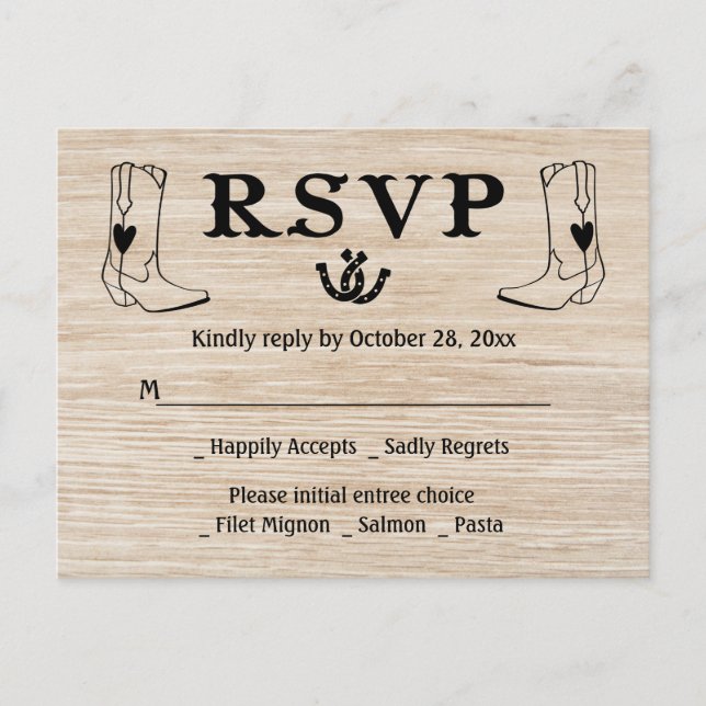 Invitation Carte Postale Botte de cowboy du Mariage campagnard RSVP Ouest B (Devant)
