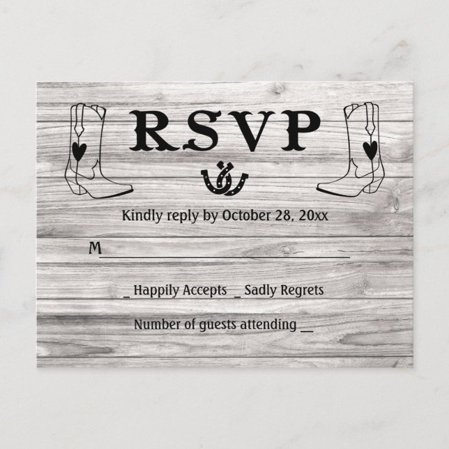 Invitation Carte Postale Botte de cowboy du Mariage campagnard RSVP Ouest B (Devant)