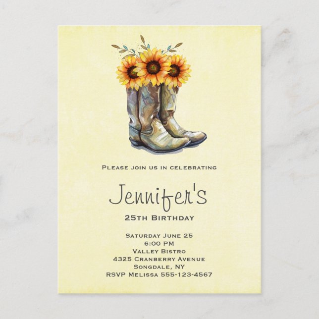 Invitation Carte Postale Bottes rustiques Cowboy avec tournesol Anniversair (Devant)