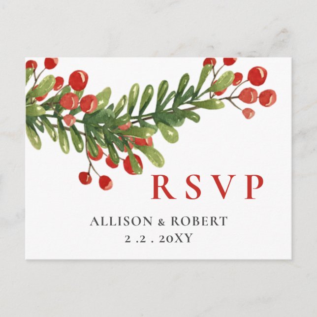 Invitation Carte Postale Boughs rustiques de Holly Noël Mariage RSVP (Devant)