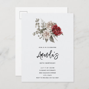 Invitation Carte Postale Bouquet de fleurs Red Grey & Cream Boho Anniversai